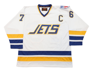 Johnstown Jets Mid-70s White Jersey (CUSTOM - PRE-ORDER) with vintage hockey style and Jets logo on front panel