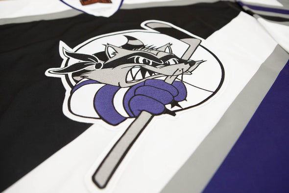 Baltimore Bandits 1995 Jersey (BLANK - PRE-ORDER) with vintage bandit logo and retro hockey stick design on black and purple panels