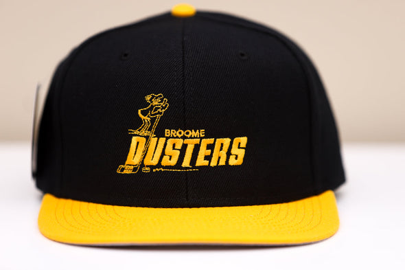 Broome Dusters™ Hat (Snapback) in black with yellow flat visor and vintage hockey team logo embroidered on front panel