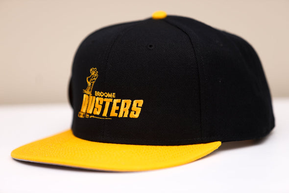 Broome Dusters™ Hat (Snapback) in black with yellow flat visor and vintage-inspired embroidered logo on front panel