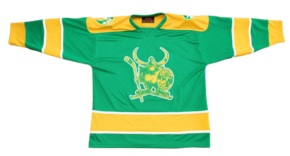 Buffalo Norsemen™ Viking Jersey (BLANK - PRE-ORDER) in green and yellow with retro hockey Viking logo on front panel