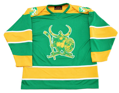 Buffalo Norsemen™ Viking Jersey (BLANK - PRE-ORDER) in green and yellow with vintage hockey Viking logo design