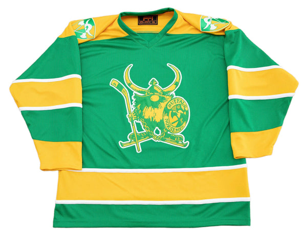 Buffalo Norsemen™ Viking Jersey (BLANK - PRE-ORDER) in green and yellow with vintage hockey Viking logo design