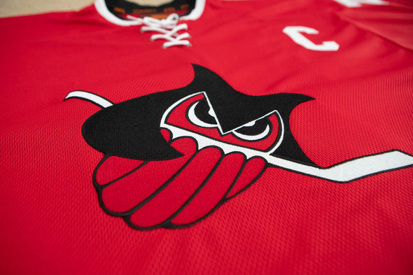 Columbus Owls™ Red Jersey (CUSTOM - PRE-ORDER) with retro vintage owl logo and lace-up collar detail design