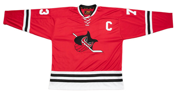 Columbus Owls™ Red Jersey (CUSTOM - PRE-ORDER) in red with vintage hockey owl logo and retro lace-up collar design