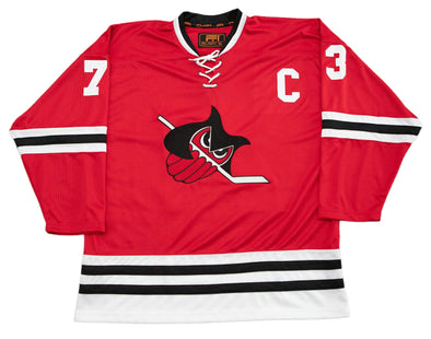 Columbus Owls™ Red Jersey (CUSTOM - PRE-ORDER) with vintage hockey owl logo and striped sleeves design