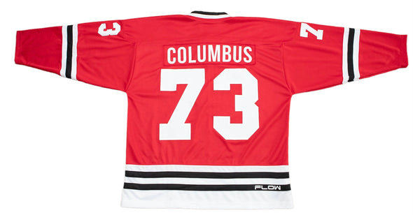Columbus Owls™ Red Jersey (CUSTOM - PRE-ORDER) in red with white number 73 and black vintage hockey striping design