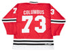 Columbus Owls™ Red Jersey (CUSTOM - PRE-ORDER) in red with white number 73 and black and white stripe vintage hockey style