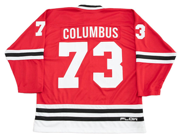 Columbus Owls™ Red Jersey (CUSTOM - PRE-ORDER) in red with white number 73 and black and white stripe vintage hockey style