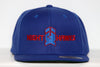 Blue New Haven Nighthawks snapback hat with red embroidered logo and text on front panel