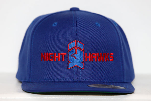 Blue New Haven Nighthawks snapback hat with red embroidered logo and text on front panel