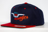 Navy and red Amarillo Wranglers snapback hat with embroidered team logo and adjustable closure