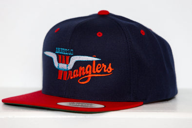 Navy and red Amarillo Wranglers snapback hat with embroidered team logo and adjustable closure
