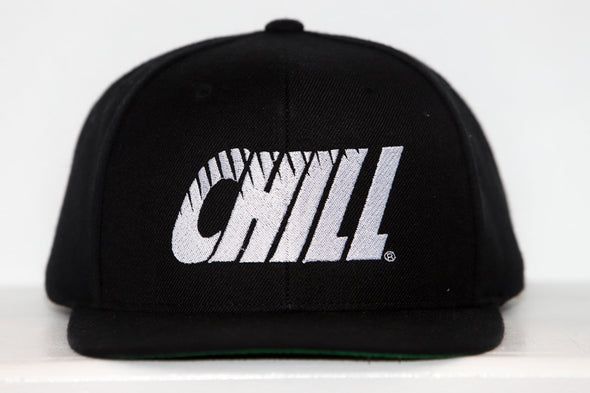 Columbus Chill Hat (Snapback) in black with bold white retro-style Chill logo on front panel and flat brim design