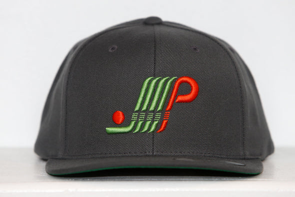 Black Plattsburgh Pioneers snapback hat featuring green and orange embroidered logo on front panel.