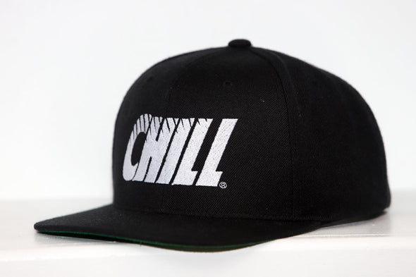 Columbus Chill Hat (Snapback) in black with bold white retro logo on front panel and flat brim design
