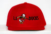 Red Long Island Ducks snapback hat with embroidered duck holding a baseball bat on the front panel