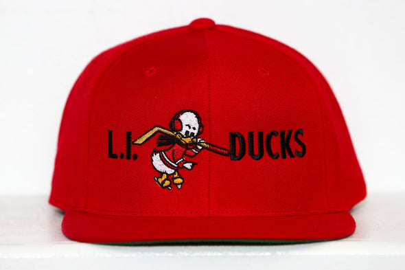 Red Long Island Ducks snapback hat with embroidered duck holding a baseball bat on the front panel