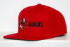 Red Long Island Ducks snapback hat with embroidered duck logo and DUCKS text on front panel