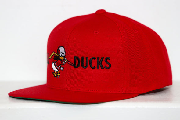 Red Long Island Ducks snapback hat with embroidered duck logo and DUCKS text on front panel