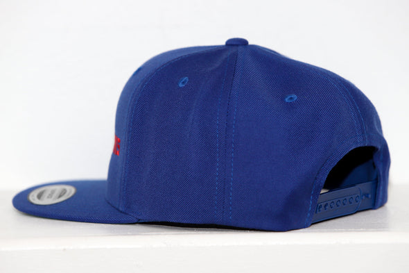 Side view of a blue New Haven Nighthawks snapback hat with adjustable closure on a white background