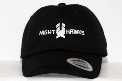 New Haven Nighthawks Hat in black with white retro hockey logo embroidered on front panel and adjustable strap