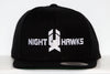 Black snapback hat with white embroidered New Haven Nighthawks logo and text on front panel