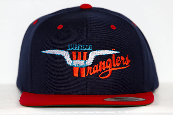 Navy and red Amarillo Wranglers snapback hat with flat brim and embroidered logo on front panel