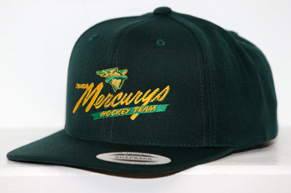 Dark green Toledo Mercurys snapback hat with yellow and green embroidered hockey team logo on front panel