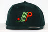 Black snapback hat with embroidered green and orange Plattsburgh Pioneers logo on front panel