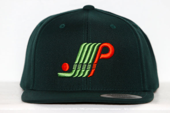 Black snapback hat with embroidered green and orange Plattsburgh Pioneers logo on front panel