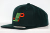 Dark green snapback hat with embroidered Plattsburgh Pioneers hockey logo on front panel, flat brim style