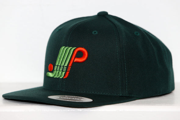 Dark green snapback hat with embroidered Plattsburgh Pioneers hockey logo on front panel, flat brim style