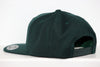 Dark green snapback hat for Plattsburgh Pioneers with adjustable strap and flat brim visible from the back angle
