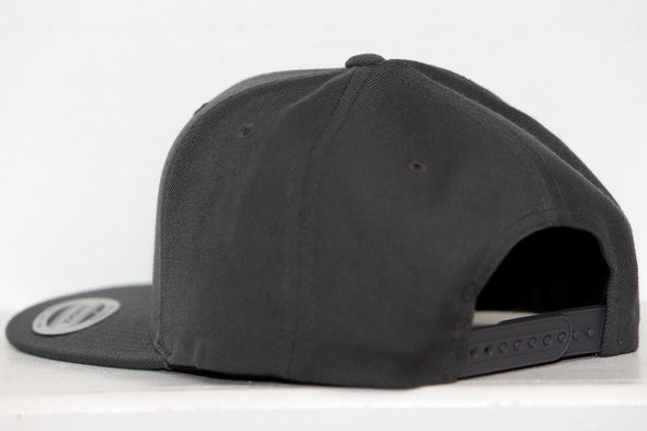 Back view of black Plattsburgh Pioneers snapback hat with adjustable strap and flat brim on white surface