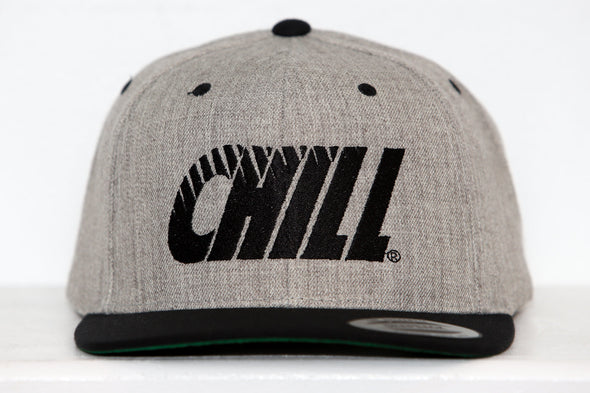 Columbus Chill Hat (Snapback) in grey with black curved logo and black flat brim, vintage retro hockey style