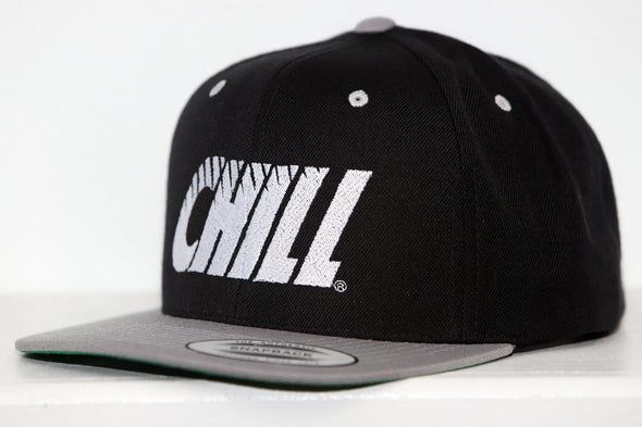 Columbus Chill Hat (Snapback) in black with bold white vintage logo and grey flat brim, retro hockey style cap