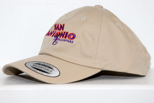 San Antonio Iguanas Hat in beige with vintage orange and purple embroidered logo on front panel and adjustable strap