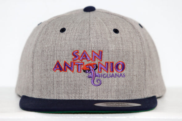 San Antonio Iguanas Hat (Snapback - Grey) with purple iguana logo and orange vintage text on front panel and black brim