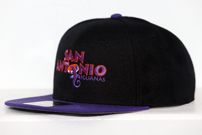 San Antonio Iguanas Hat (Snapback - Purple) with black crown, purple flat brim, and vintage iguana logo embroidery on front panel