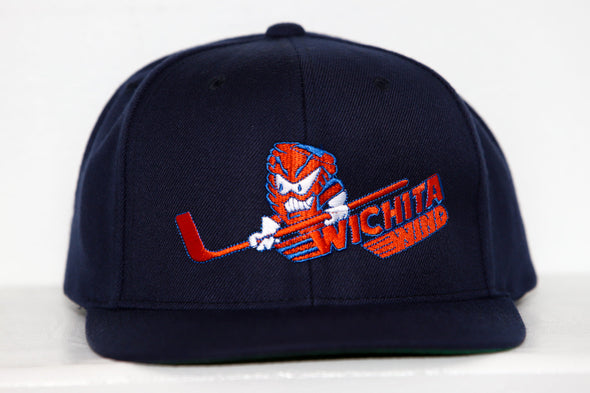 Navy snapback hat featuring embroidered Wichita Wind logo with angry tornado holding a hockey stick in orange and purple colors