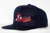 Navy blue snapback hat featuring the Wichita Wind logo with an angry tornado holding a hockey stick in purple and orange.
