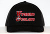 Wyoming Outlaws Hat (Trucker) in black with red and white vintage hockey team logo embroidered on front panel