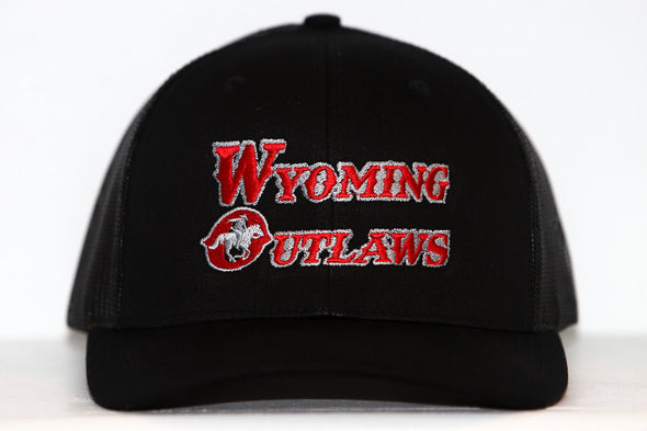 Wyoming Outlaws Hat (Trucker) in black with red and white vintage hockey team logo embroidered on front panel