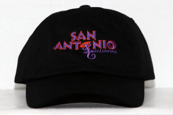 San Antonio Iguanas Hat in black with retro orange and purple embroidered team logo on front panel