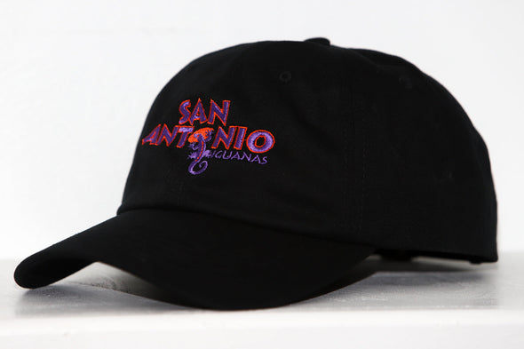 San Antonio Iguanas Hat in black with orange and purple embroidered vintage iguana logo on front panel
