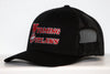 Wyoming Outlaws Hat (Trucker) in black with red embroidered vintage hockey logo and mesh trucker back panel design