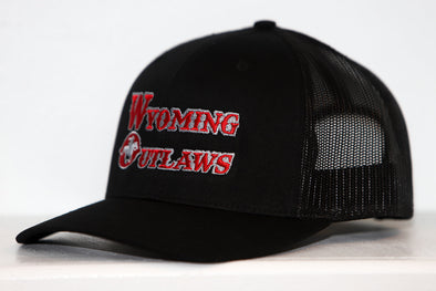 Wyoming Outlaws Hat (Trucker) in black with red embroidered vintage hockey logo and mesh trucker back panel design