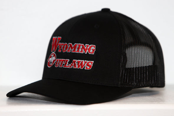 Wyoming Outlaws Hat (Trucker) in black with red embroidered vintage hockey logo and mesh trucker back panel design