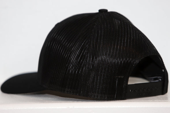 Wyoming Outlaws Hat (Trucker) in black mesh back with snapback adjustable closure and curved brim design